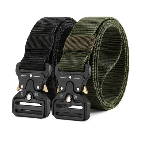 Black and army green webbing belts side by side, each with a black metal quick-release buckle
