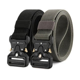 Black and grey webbing belts side by side, each with a black metal quick-release buckle