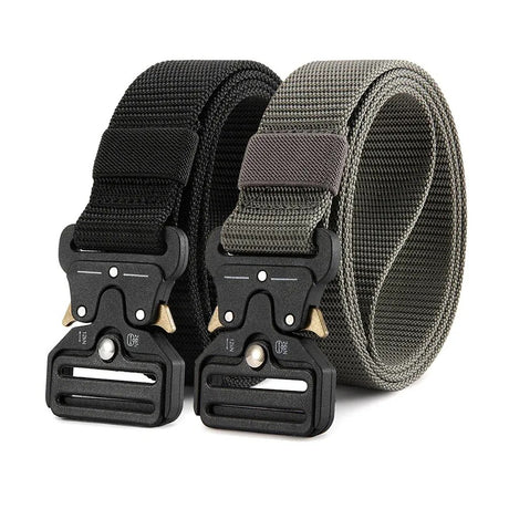 Black and grey webbing belts side by side, each with a black metal quick-release buckle