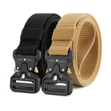 Black and khaki webbing belts side by side, each with a black metal quick-release buckle