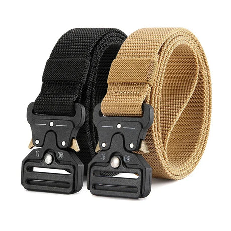 Black and khaki webbing belts side by side, each with a black metal quick-release buckle