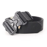 Black webbing belt coiled with the quick-release buckle clipped shut