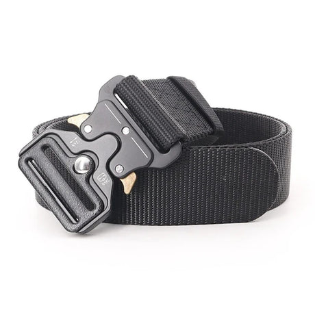 Black webbing belt coiled with the quick-release buckle clipped shut