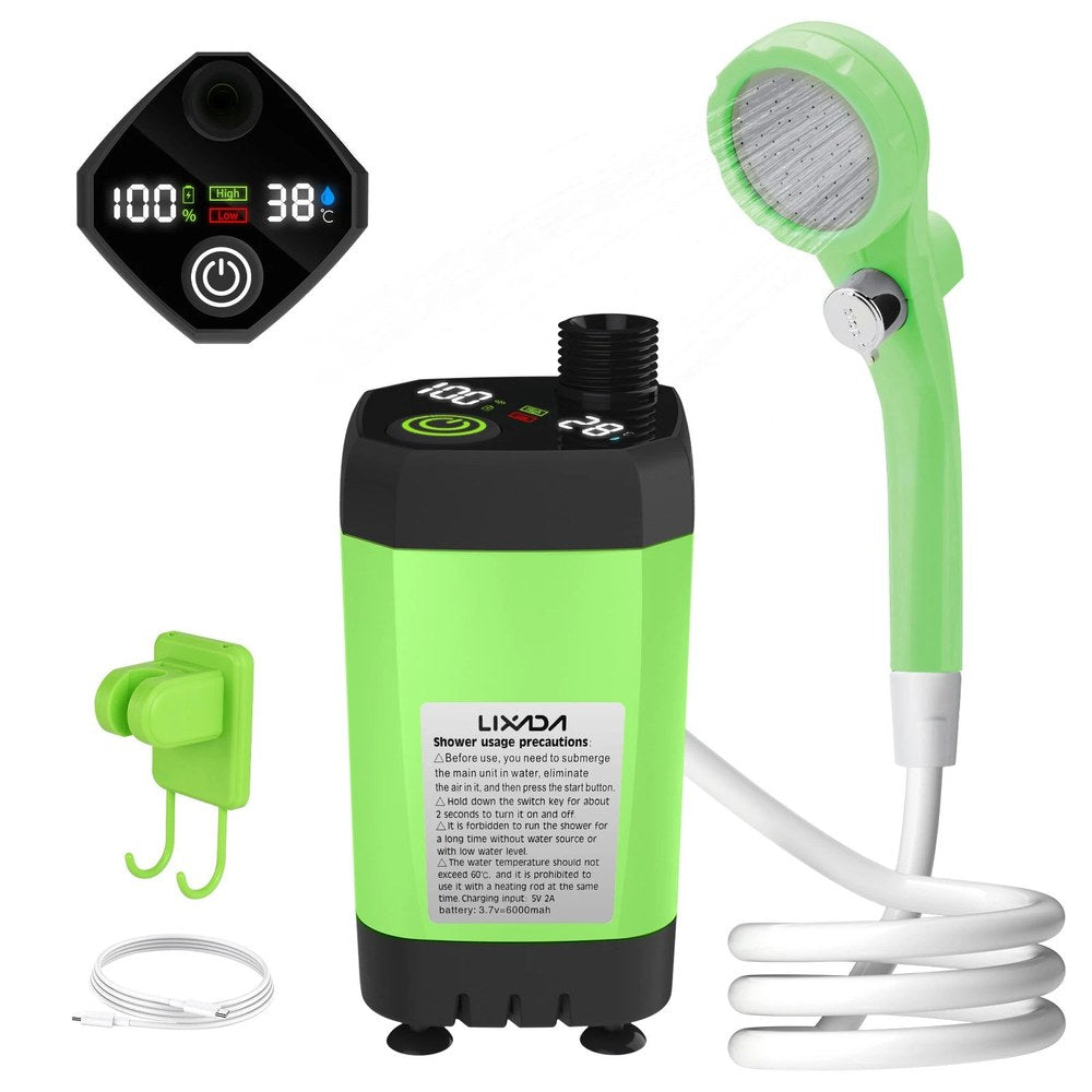 Green rechargeable camping shower pump with white hose, green shower head, hook rack and USB cable