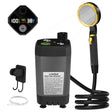 Grey rechargeable camping shower pump with black hose, black-and-gold shower head, hook rack and USB cable