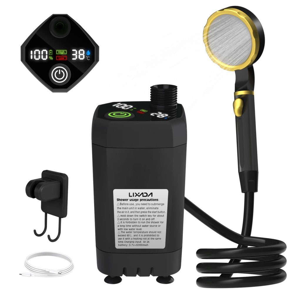 Black camping shower pump with its label: 3.7 V 6000 mAh battery, water no hotter than 60 °C