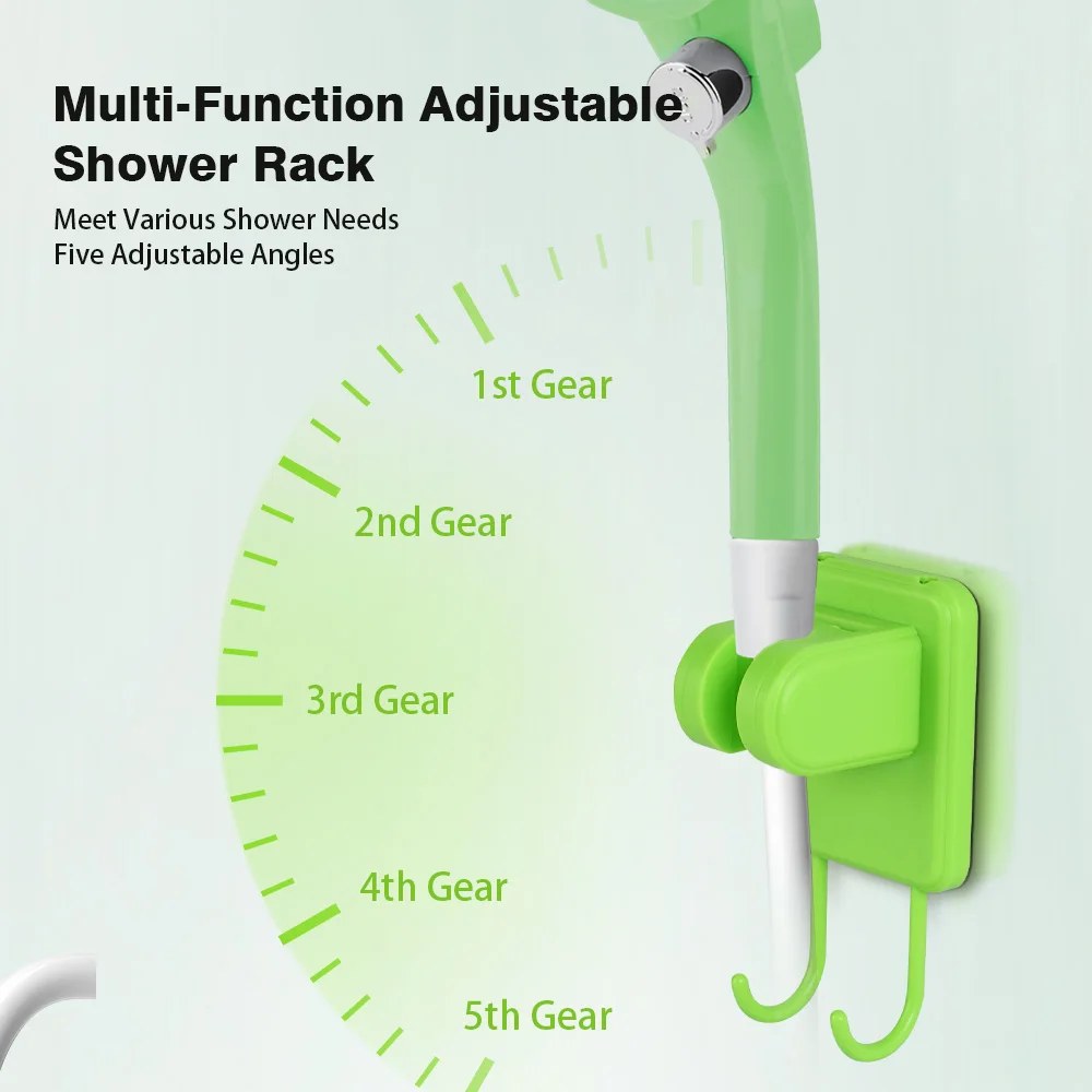 Camping shower rack holding the shower head, adjustable to five angles
