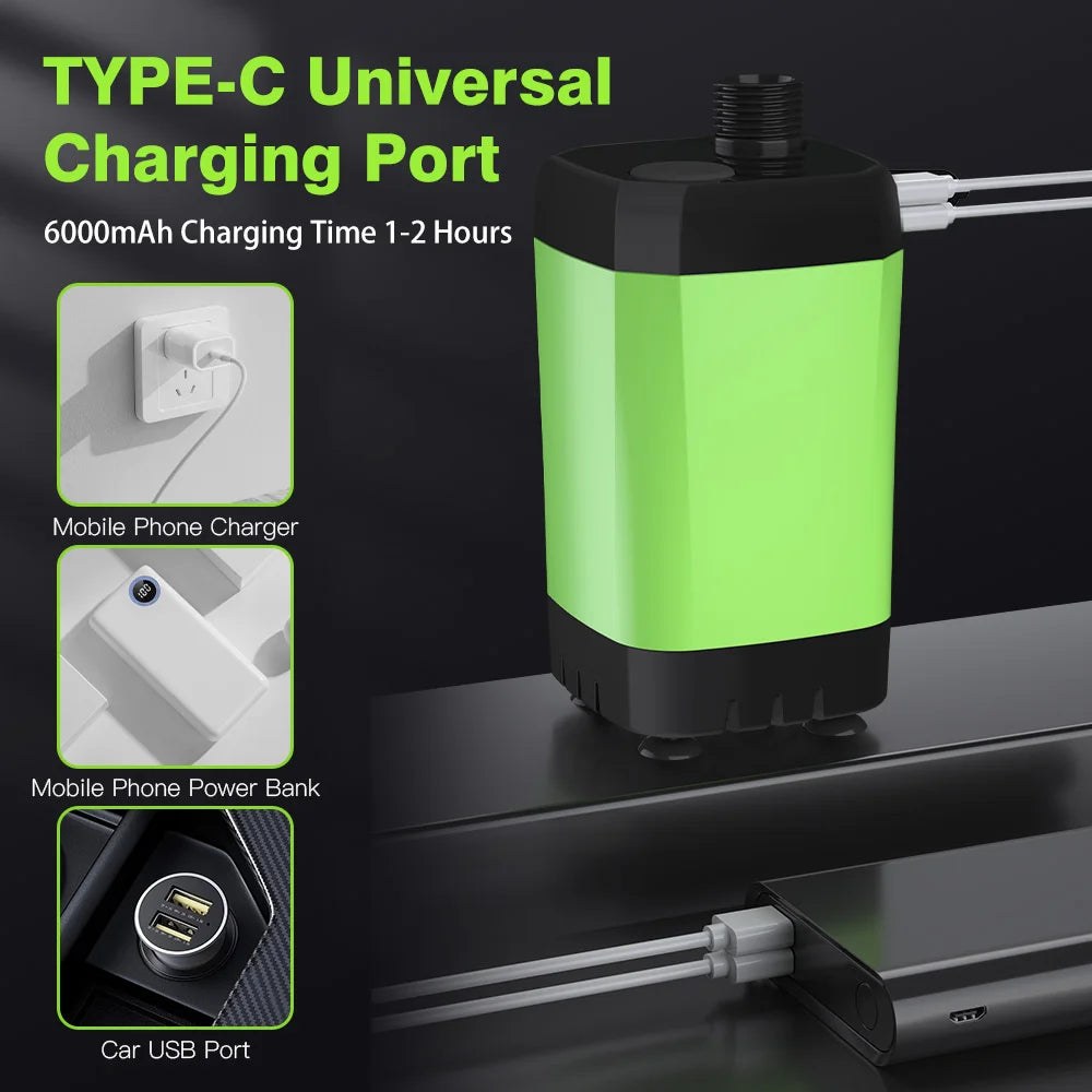 Camping shower pump charging over USB-C from a phone charger, power bank or car USB port