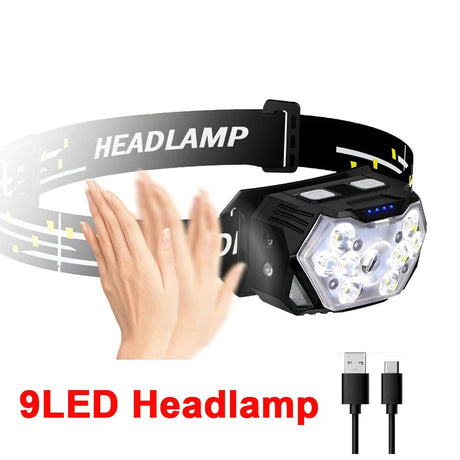 Black 9 LED head torch on its adjustable headband, a hand waving beside it, and the USB-C charging cable