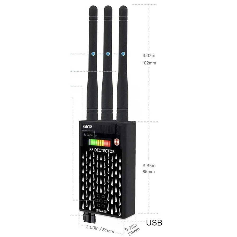 G618 RF detector with its maker's dimension marks: body 85 mm tall, antennas 102 mm