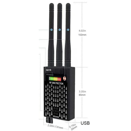 G618 RF detector with its maker's dimension marks: body 85 mm tall, antennas 102 mm
