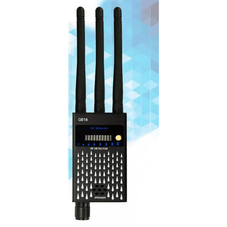 G618 RF detector front on, three antennas fitted, metal body with speaker grille and sensitivity knob