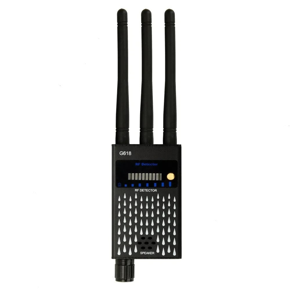 G618 RF bug detector, front view: three antennas, 10-step LED signal meter, sensitivity knob and speaker grille