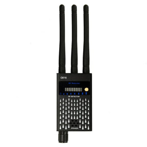 G618 RF bug detector, front view: three antennas, 10-step LED signal meter, sensitivity knob and speaker grille