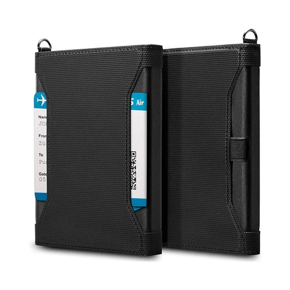 Black passport holder folded open with a boarding pass in the side slot and a D-ring on each corner