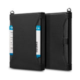 Black passport holder folded open with a boarding pass in the side slot and a D-ring on each corner
