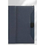 Royal blue passport holder closed, woven-texture cover with a black elastic strap