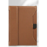 Brown passport holder closed, woven-texture cover with a black elastic strap