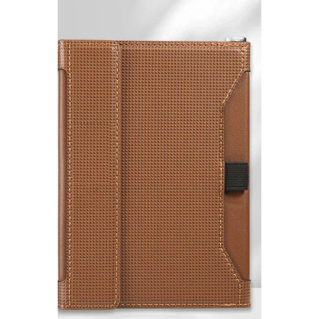 Brown passport holder closed, woven-texture cover with a black elastic strap