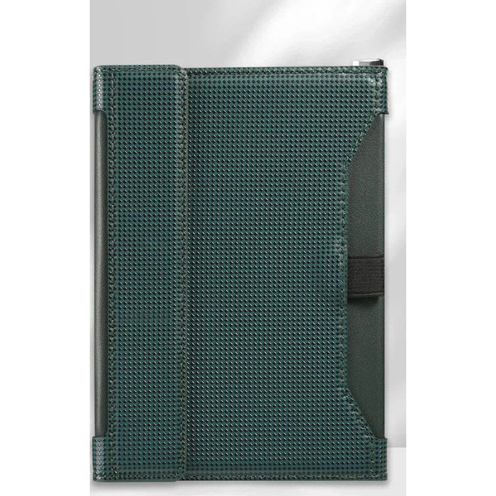Green passport holder closed, woven-texture cover with a black elastic strap