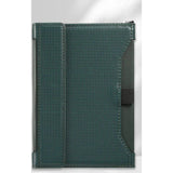 Green passport holder closed, woven-texture cover with a black elastic strap