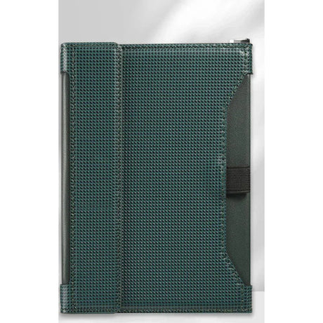 Green passport holder closed, woven-texture cover with a black elastic strap
