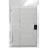 Light grey passport holder closed, woven-texture cover with a black elastic strap