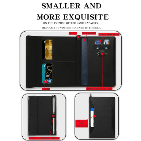 Inside the passport holder: card slots on one side, the passport slot and pen loop on the other