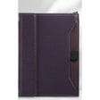 Dark purple passport holder closed, woven-texture cover with a black elastic strap