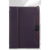 Dark purple passport holder closed, woven-texture cover with a black elastic strap