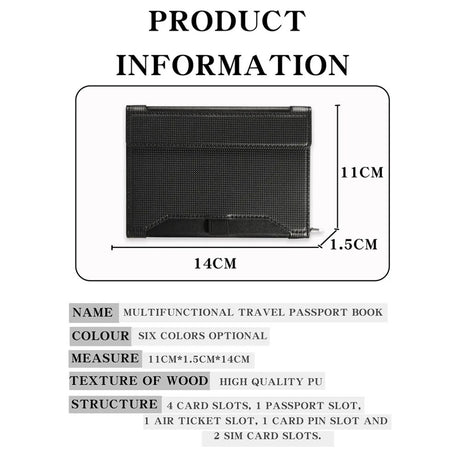 Maker drawing of the passport holder: 14 cm wide, 11 cm high and 1.5 cm thick, with its pocket list