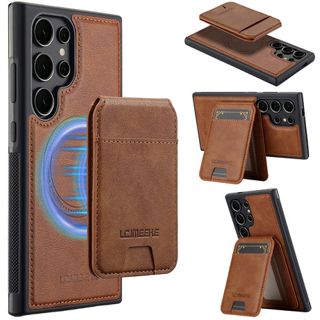Brown LC.IMEEKE case on a Galaxy with detachable magnetic wallet shown as kickstand