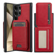 Red colourway: wallet mounted on the case back, plus open wallet showing ID window