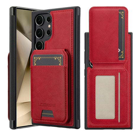 Red colourway: wallet mounted on the case back, plus open wallet showing ID window