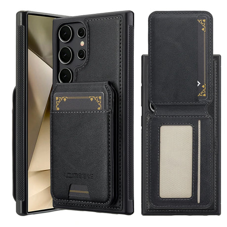 Black colourway showing the leather-look back, card slot and opened wallet interior