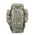 ACU digital camo tactical backpack, front view with MOLLE webbing and side pouches
