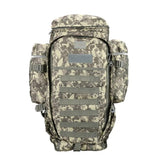 ACU digital camo tactical backpack, front view with MOLLE webbing and side pouches