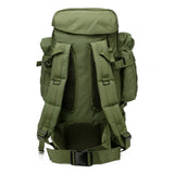 Army green tactical backpack, back view showing padded shoulder straps and waist belt