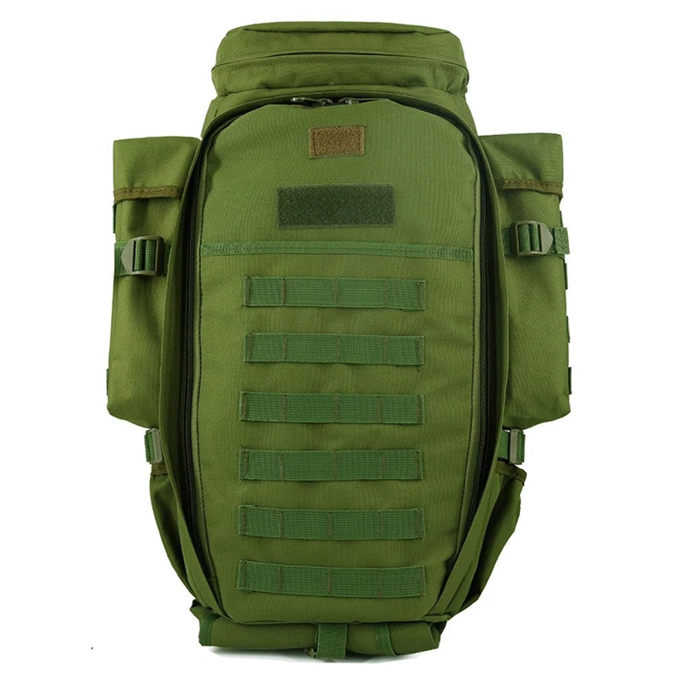 Army green tactical backpack, front view with hook-and-loop patch panels