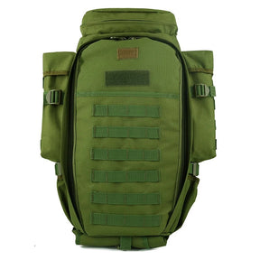 Army green tactical backpack, front view with hook-and-loop patch panels