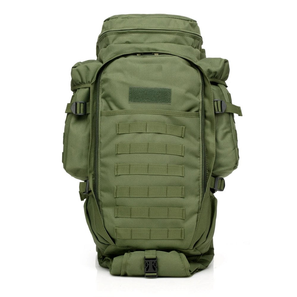 Army green tactical backpack, front view with MOLLE webbing and side pouches