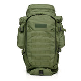 Army green tactical backpack, front view with MOLLE webbing and side pouches