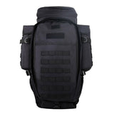 Black tactical backpack, front view with MOLLE webbing and side pouches