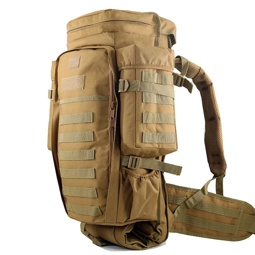 Tan tactical backpack, side view with shoulder straps and waist belt