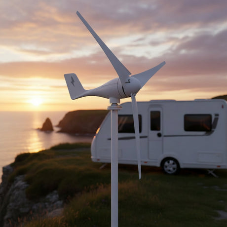 A white wind turbine with three blades mounted on a tall pole, shown against a soft blue sky with warm orange light near the horizon.