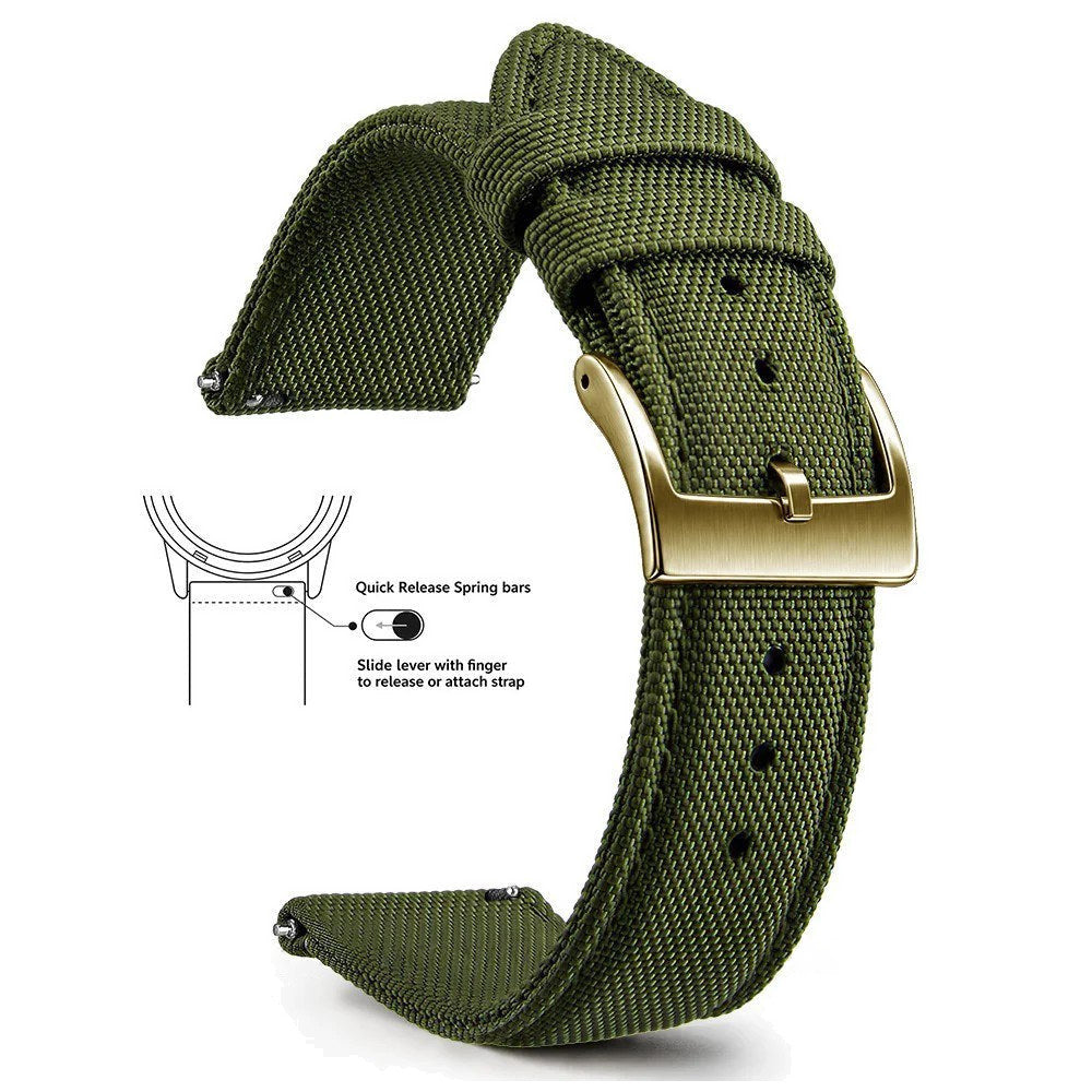Army Green, Gold Buckle nylon sailcloth watch band