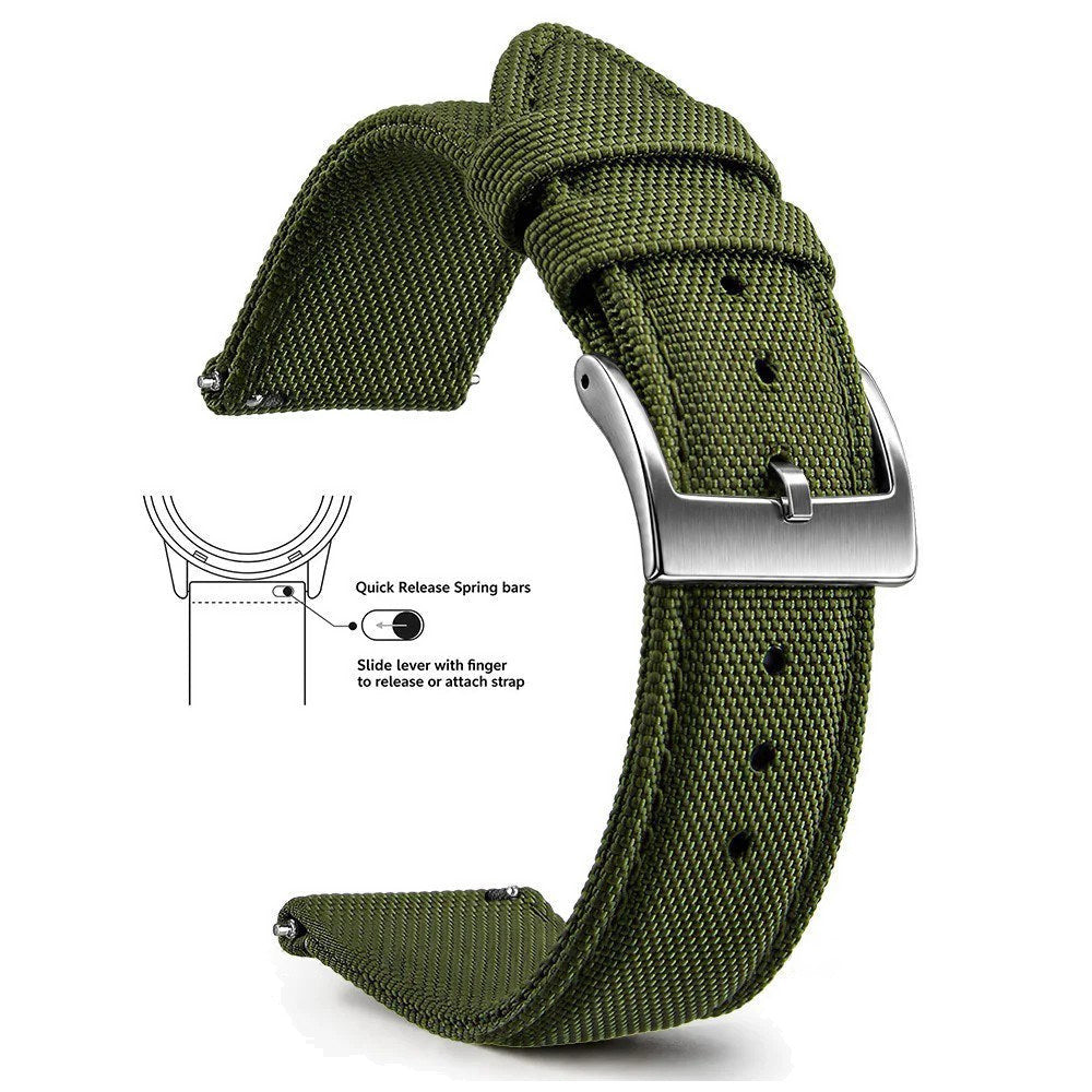 Army Green, Silver Buckle nylon sailcloth watch band
