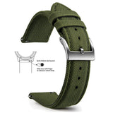 Army Green, Silver Buckle nylon sailcloth watch band