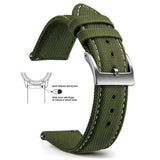 Army Green, White Stitching, Silver Buckle nylon sailcloth watch band