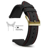 Black, Red Stitching, Gold Buckle nylon sailcloth watch band